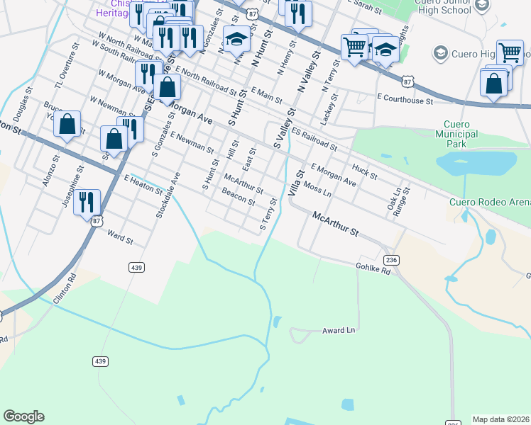 map of restaurants, bars, coffee shops, grocery stores, and more near 601 South Terry Street in Cuero