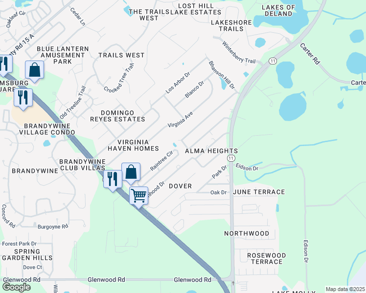 map of restaurants, bars, coffee shops, grocery stores, and more near 188 Evergreen Terrace in DeLand