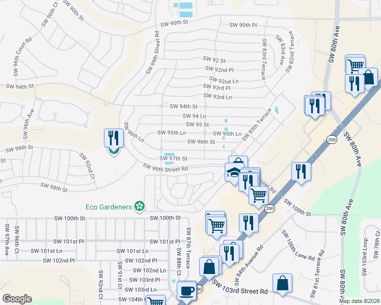 map of restaurants, bars, coffee shops, grocery stores, and more near 8712 Southwest 96th Lane in Ocala