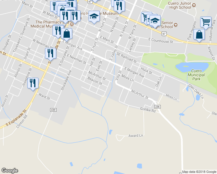 map of restaurants, bars, coffee shops, grocery stores, and more near 601 South Terry Street in Cuero
