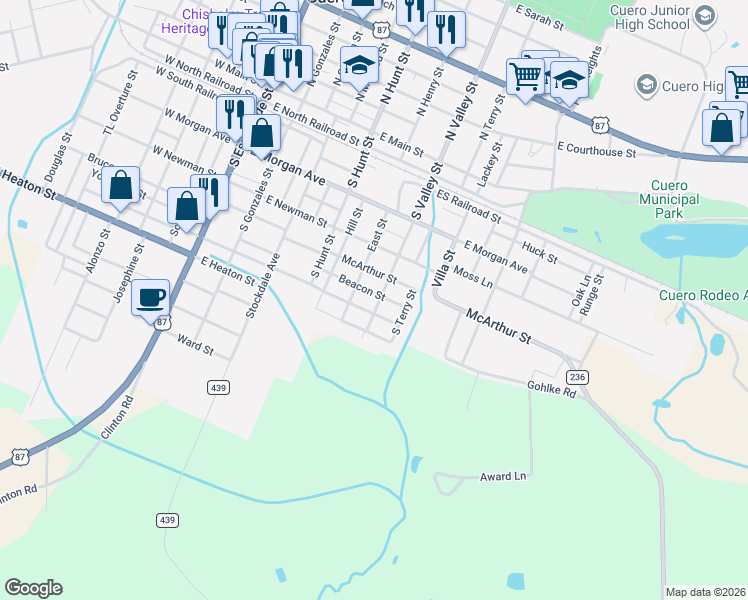 map of restaurants, bars, coffee shops, grocery stores, and more near 806 East Hamilton Street in Cuero