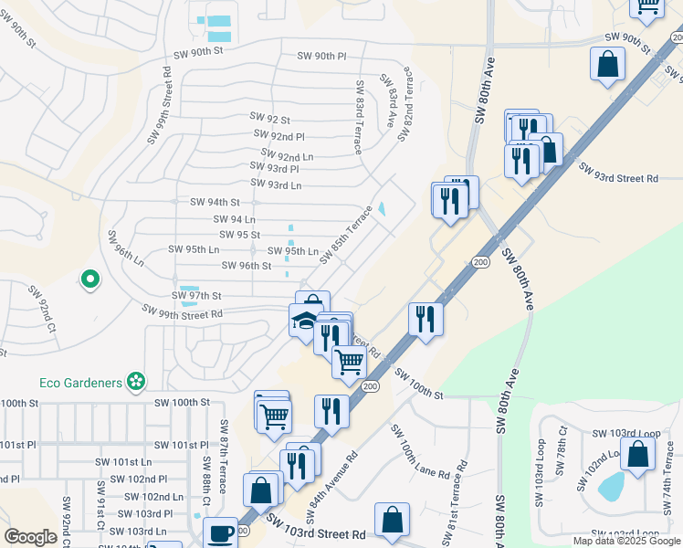 map of restaurants, bars, coffee shops, grocery stores, and more near 9581 Southwest 85th Avenue in Ocala