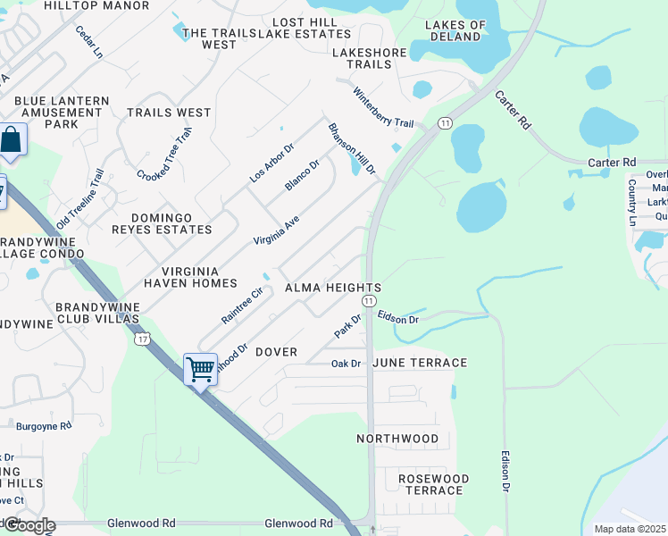 map of restaurants, bars, coffee shops, grocery stores, and more near 497 King Charles Circle in DeLand