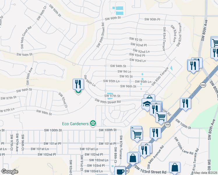 map of restaurants, bars, coffee shops, grocery stores, and more near 9576 Southwest 89th Court Road in Ocala