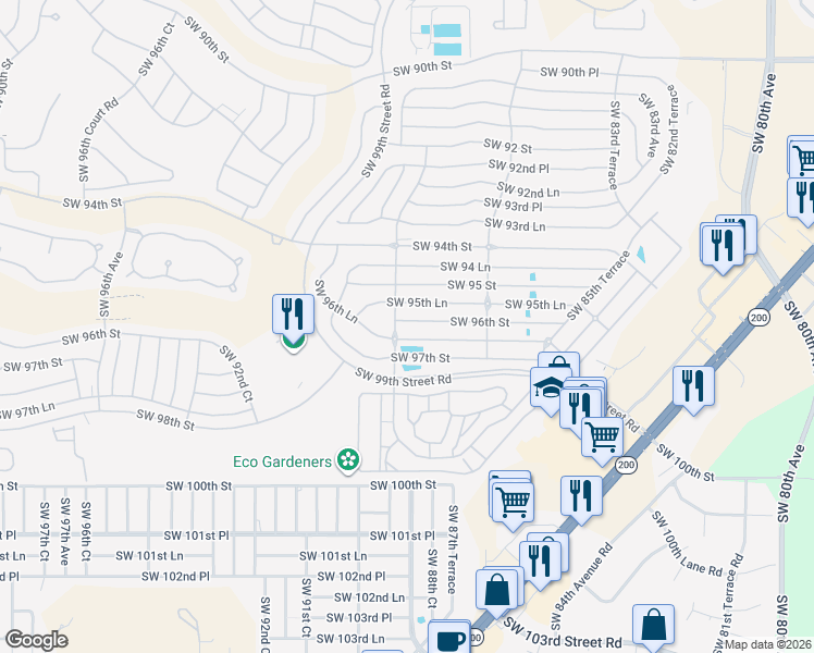 map of restaurants, bars, coffee shops, grocery stores, and more near 9576 Southwest 89th Court Road in Ocala