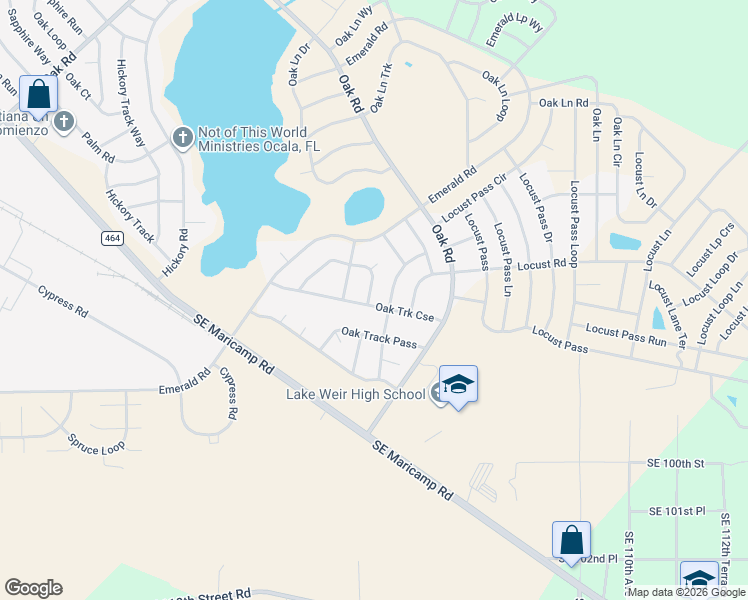 map of restaurants, bars, coffee shops, grocery stores, and more near 314 Oak Track Drive in Ocala