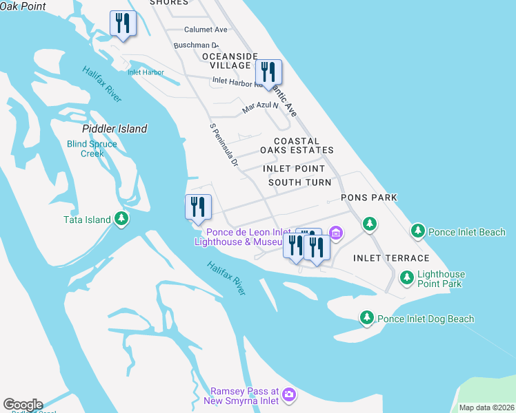 map of restaurants, bars, coffee shops, grocery stores, and more near in Ponce Inlet