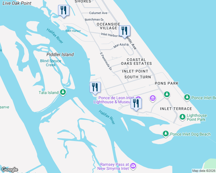 map of restaurants, bars, coffee shops, grocery stores, and more near 120 Beach Street in Ponce Inlet