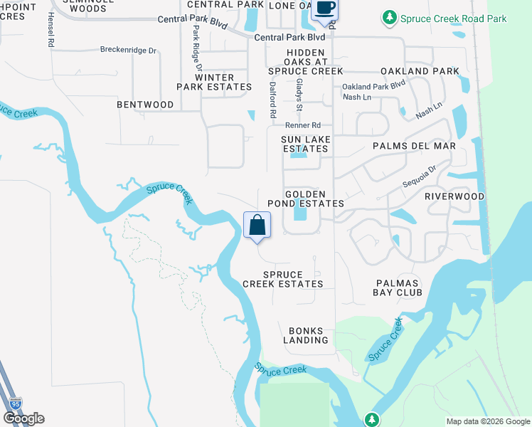 map of restaurants, bars, coffee shops, grocery stores, and more near 6181 Shoreline Circle North in Port Orange