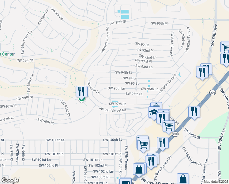 map of restaurants, bars, coffee shops, grocery stores, and more near 9576 Southwest 89th Court Road in Ocala