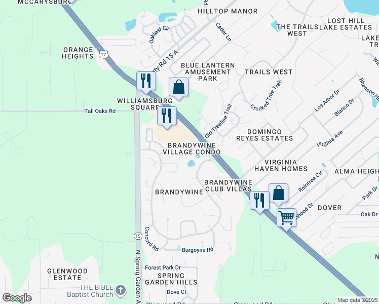 map of restaurants, bars, coffee shops, grocery stores, and more near 915 Village Green Road in DeLand