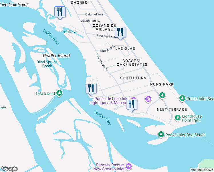 map of restaurants, bars, coffee shops, grocery stores, and more near 120 Beach Street in Ponce Inlet