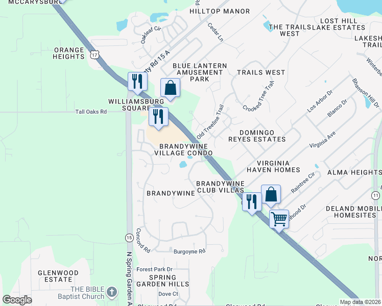 map of restaurants, bars, coffee shops, grocery stores, and more near 915 Village Green Road in DeLand