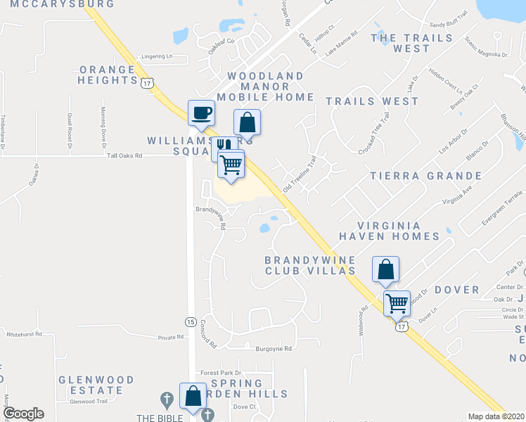 map of restaurants, bars, coffee shops, grocery stores, and more near 915 Village Green Road in DeLand