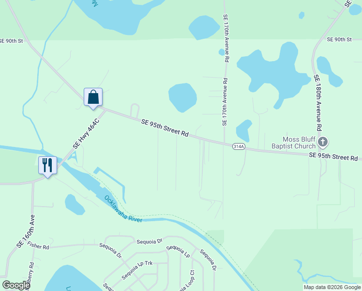 map of restaurants, bars, coffee shops, grocery stores, and more near 16760 Southeast 95th Street Road in Ocklawaha