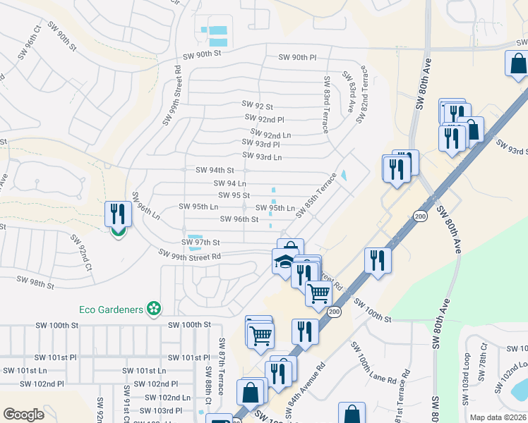 map of restaurants, bars, coffee shops, grocery stores, and more near 8676 Southwest 95th Lane in Ocala