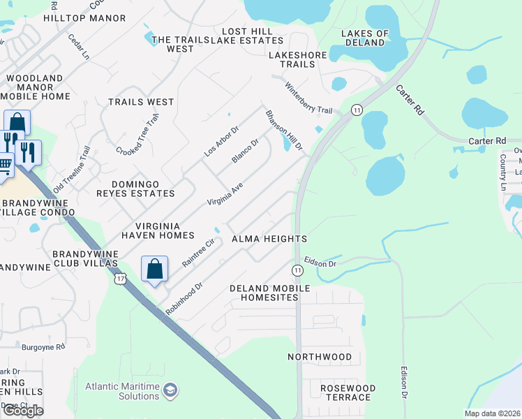 map of restaurants, bars, coffee shops, grocery stores, and more near 231 Evergreen Terrace in DeLand