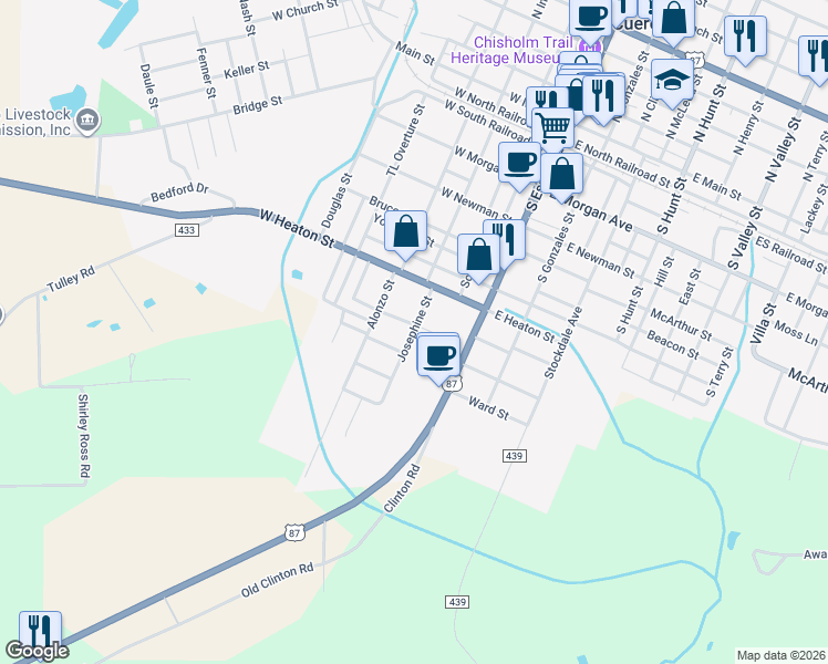 map of restaurants, bars, coffee shops, grocery stores, and more near 201 Josephine Street in Cuero
