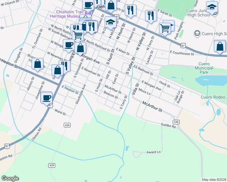 map of restaurants, bars, coffee shops, grocery stores, and more near 705 McArthur Street in Cuero