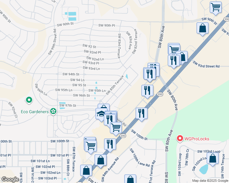 map of restaurants, bars, coffee shops, grocery stores, and more near 9530 Southwest 85th Avenue in Ocala