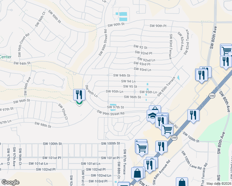 map of restaurants, bars, coffee shops, grocery stores, and more near 8876 Southwest 95th Lane in Ocala
