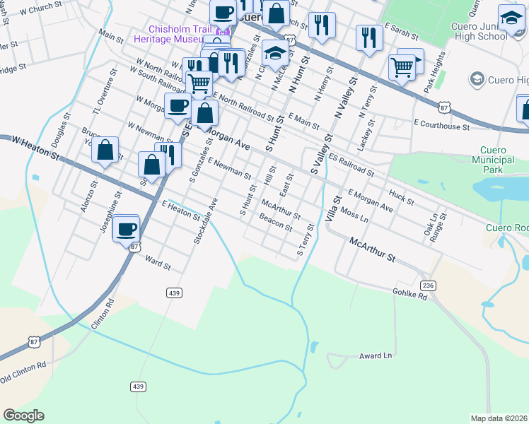 map of restaurants, bars, coffee shops, grocery stores, and more near 606 Beacon Street in Cuero