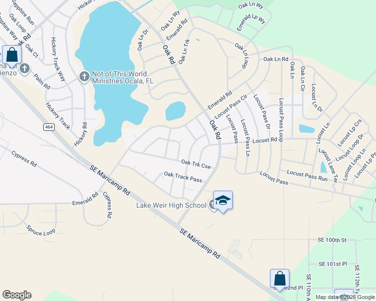 map of restaurants, bars, coffee shops, grocery stores, and more near 314 Oak Track Drive in Ocala