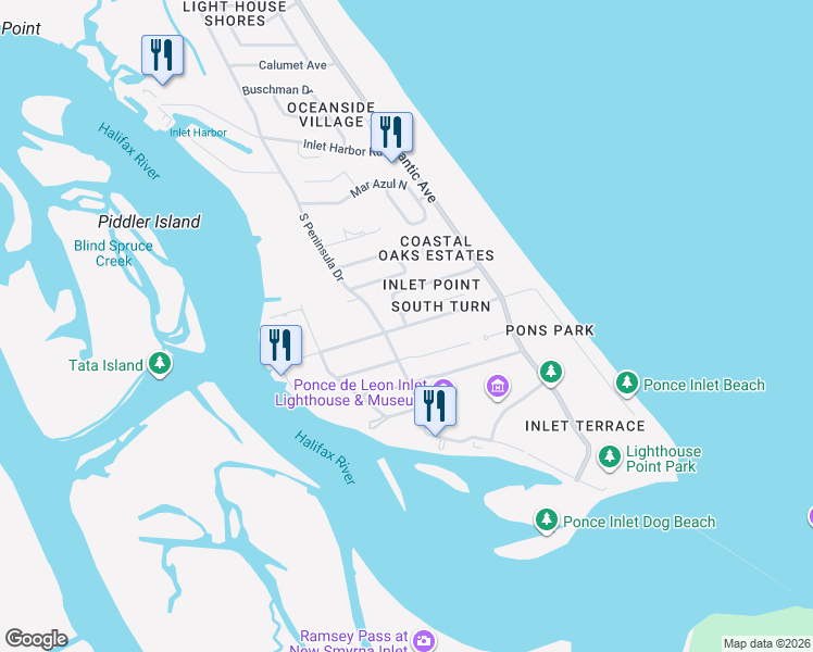 map of restaurants, bars, coffee shops, grocery stores, and more near 124 Inlet Point Boulevard in Ponce Inlet