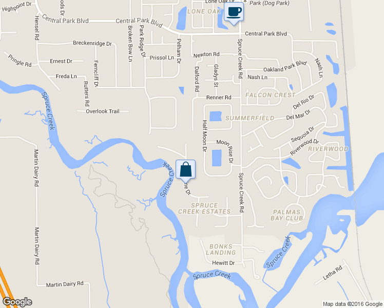 map of restaurants, bars, coffee shops, grocery stores, and more near 6181 Shoreline Circle North in Port Orange