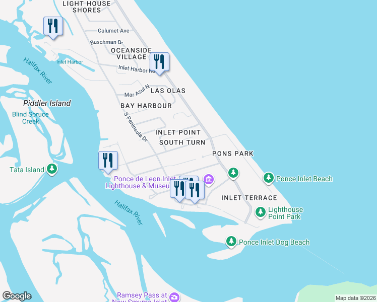 map of restaurants, bars, coffee shops, grocery stores, and more near 55 Beach St in Ponce Inlet