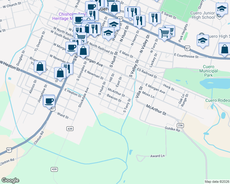 map of restaurants, bars, coffee shops, grocery stores, and more near 705 McArthur Street in Cuero
