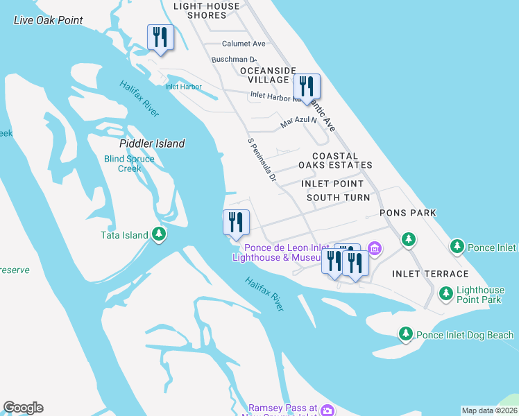 map of restaurants, bars, coffee shops, grocery stores, and more near 4868 Sailfish Drive in Ponce Inlet