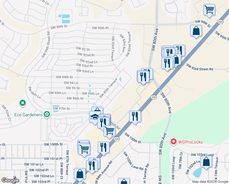 map of restaurants, bars, coffee shops, grocery stores, and more near 9489 Southwest 85th Avenue in Ocala