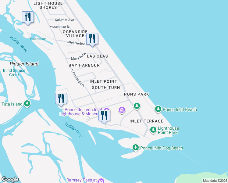 map of restaurants, bars, coffee shops, grocery stores, and more near 55 Beach Street in Ponce Inlet