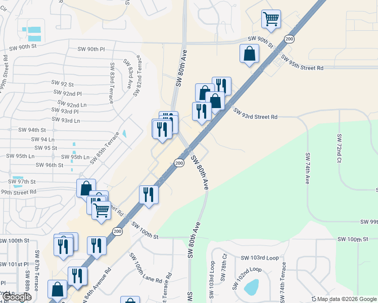map of restaurants, bars, coffee shops, grocery stores, and more near Florida 200 in Ocala
