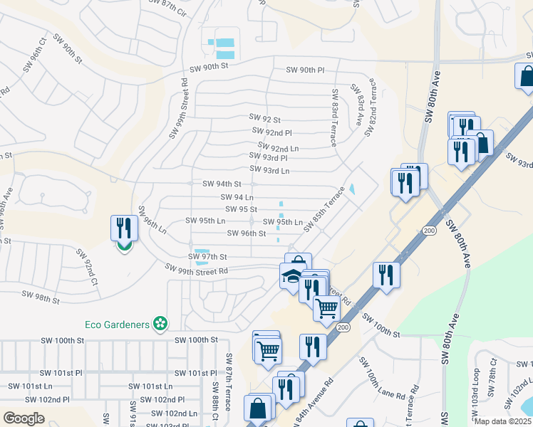 map of restaurants, bars, coffee shops, grocery stores, and more near 8678 Southwest 95 Street in Ocala
