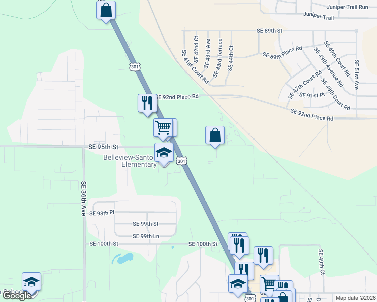 map of restaurants, bars, coffee shops, grocery stores, and more near 4220 Southeast 95th Street in Ocala
