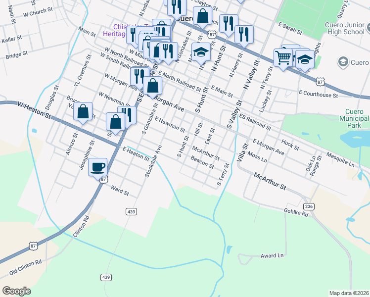 map of restaurants, bars, coffee shops, grocery stores, and more near 606 Beacon Street in Cuero
