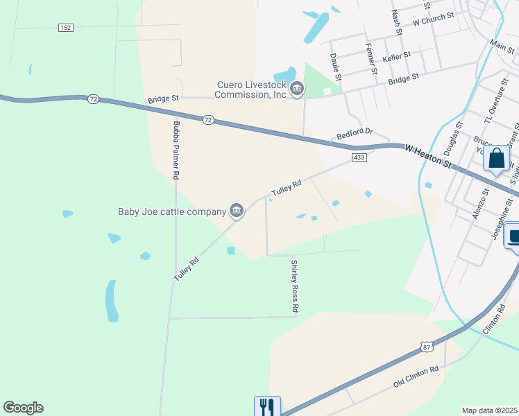 map of restaurants, bars, coffee shops, grocery stores, and more near Shirley Ross Road in Cuero