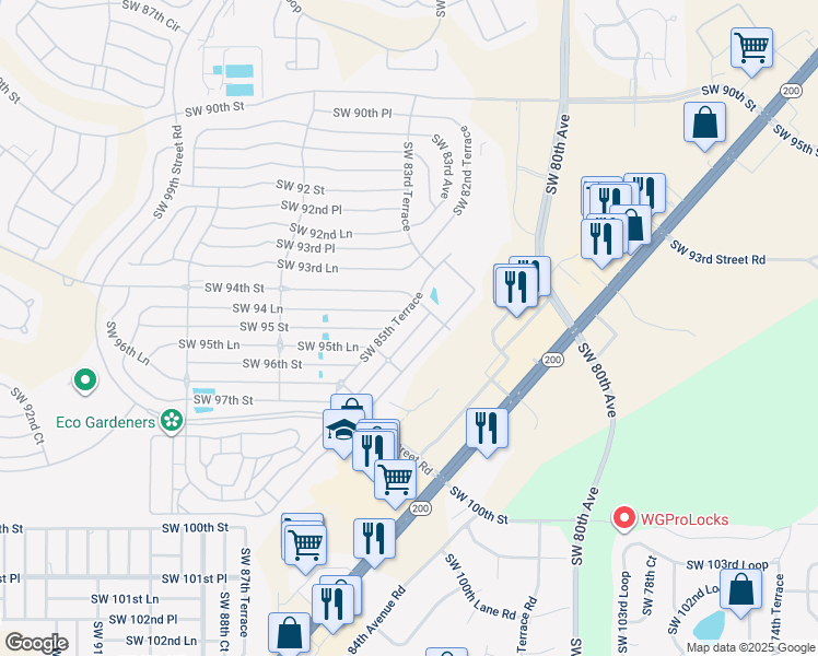 map of restaurants, bars, coffee shops, grocery stores, and more near 9489 Southwest 85th Avenue in Ocala