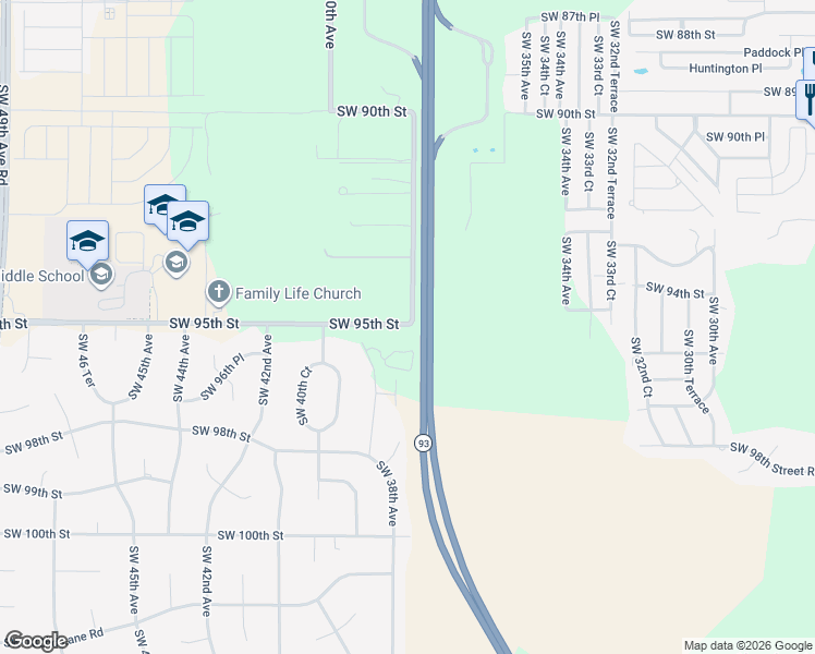 map of restaurants, bars, coffee shops, grocery stores, and more near 9390 Southwest 38th Avenue in Ocala
