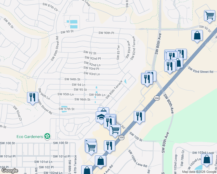 map of restaurants, bars, coffee shops, grocery stores, and more near 8625 Southwest 94 Lane in Ocala