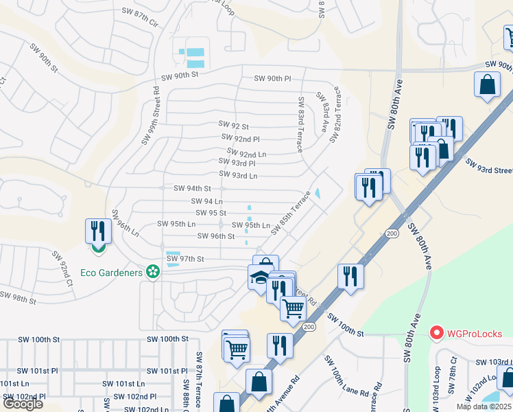 map of restaurants, bars, coffee shops, grocery stores, and more near 8665 Southwest 94 Lane in Ocala