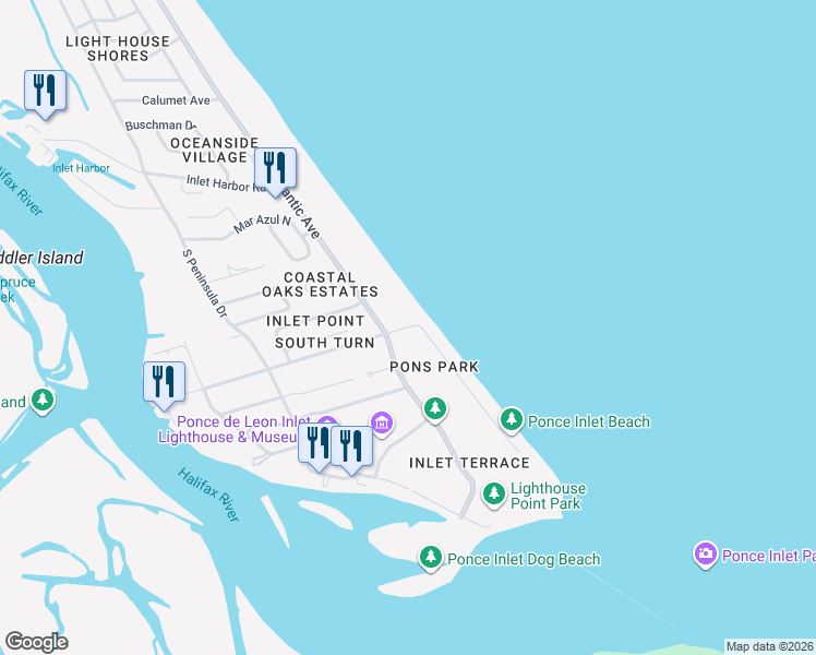 map of restaurants, bars, coffee shops, grocery stores, and more near 0 Beach Street in Ponce Inlet