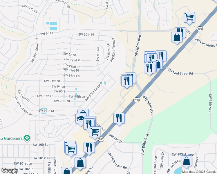 map of restaurants, bars, coffee shops, grocery stores, and more near 9380 Southwest 84th Terrace in Ocala
