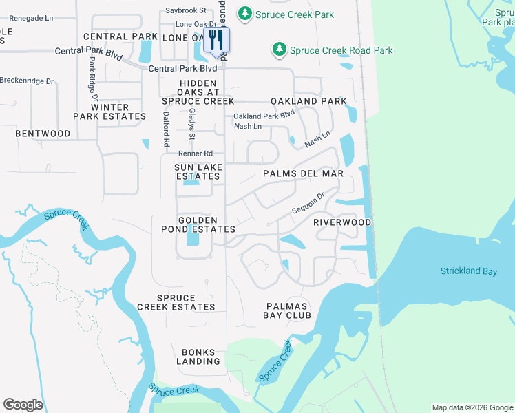 map of restaurants, bars, coffee shops, grocery stores, and more near 6113 Del Rio Drive in Port Orange
