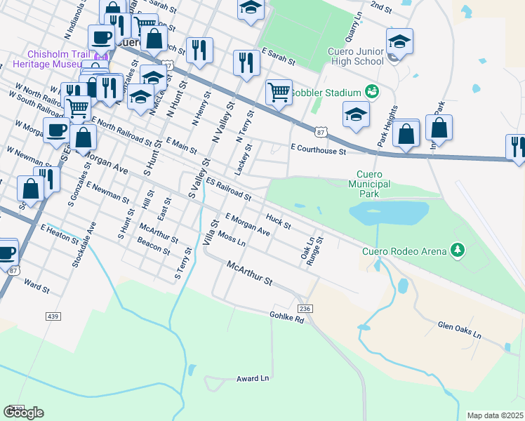 map of restaurants, bars, coffee shops, grocery stores, and more near 1102 Huck Street in Cuero