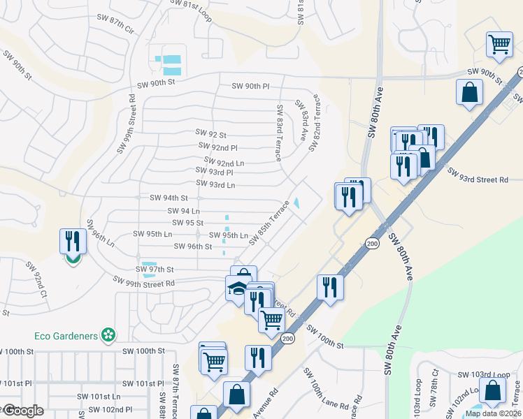 map of restaurants, bars, coffee shops, grocery stores, and more near 8625 Southwest 94 Lane in Ocala