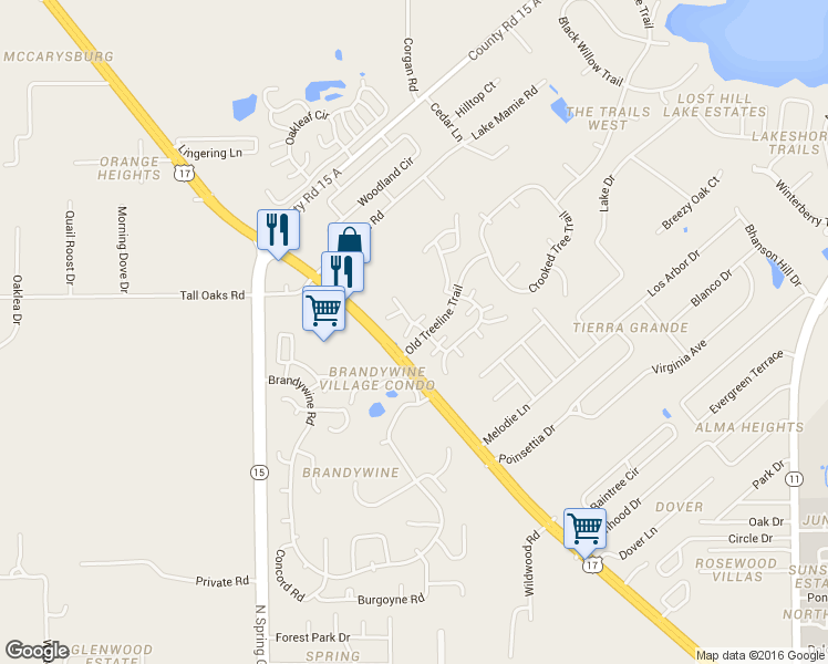 map of restaurants, bars, coffee shops, grocery stores, and more near 130 Silver Bow Trail in DeLand