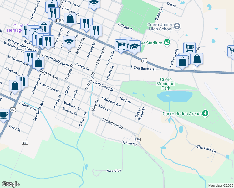 map of restaurants, bars, coffee shops, grocery stores, and more near 1102 Huck Street in Cuero